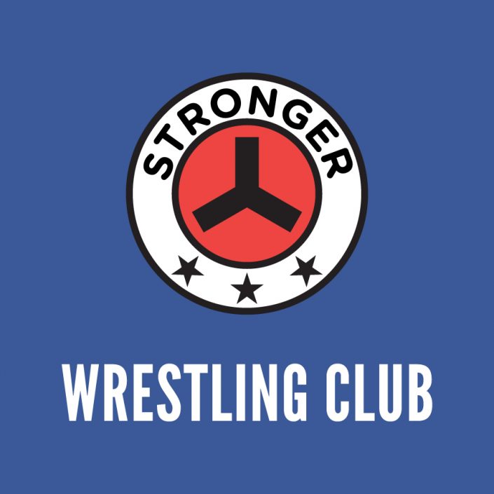 stronger fitness and martial arts logo on blue background with wrestling heading